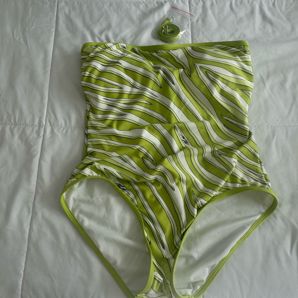 MICHAEL Michael Kors Lime Green and White Strapless One Piece Swimsuit